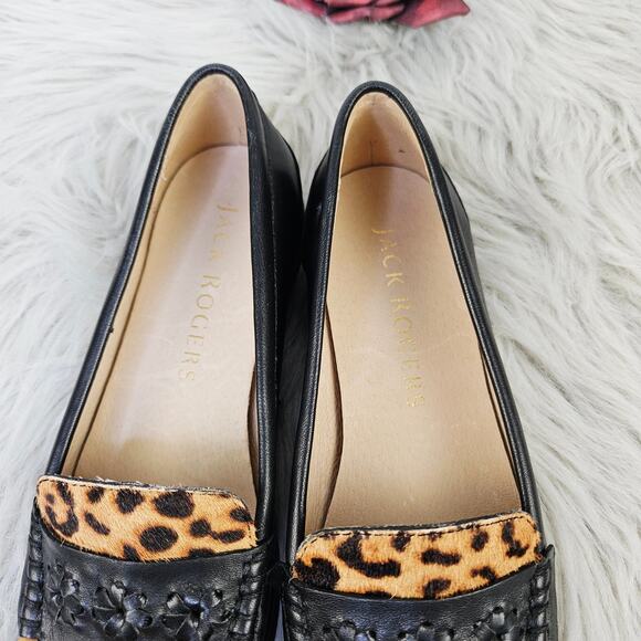 Jack Rogers Remy Calf Hair Leopard Print Loafers Black Leather SlipOn Flats 5.5B - Picture 8 of 13